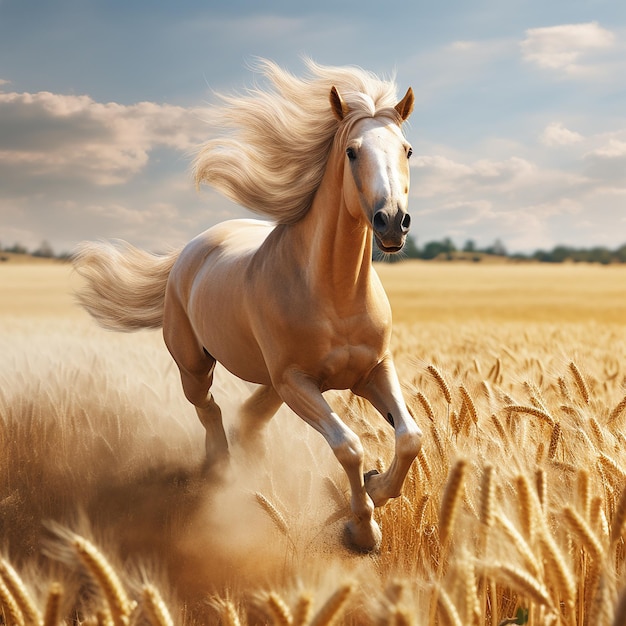 Foto renderizada en 3D de un caballo corriendo por los campos