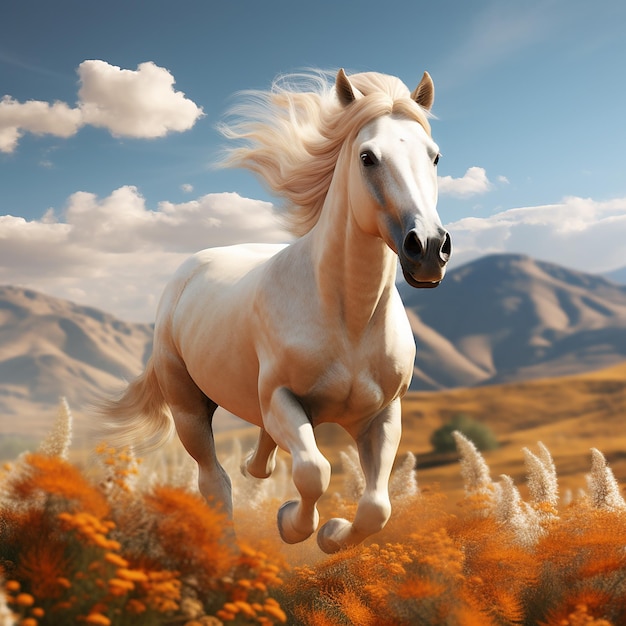 Foto renderizada en 3D de un caballo corriendo por los campos