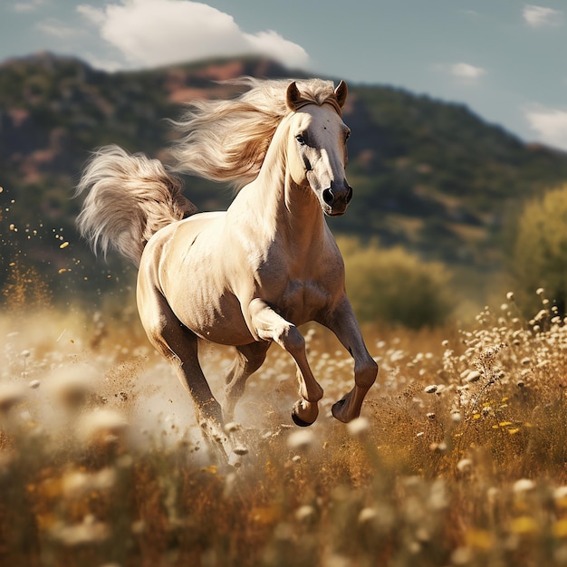 Foto renderizada en 3D de un caballo corriendo por los campos