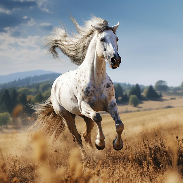 Foto renderizada en 3D de un caballo corriendo por los campos