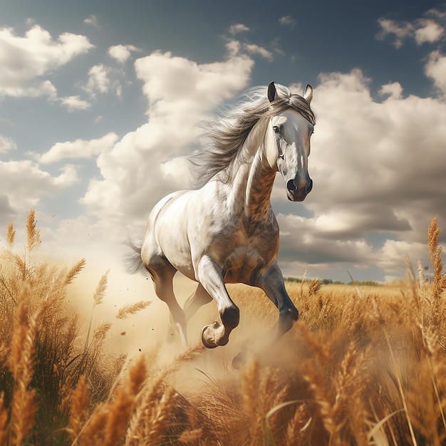 Foto renderizada en 3D de un caballo corriendo por los campos