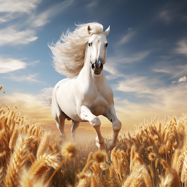 Foto renderizada en 3D de un caballo corriendo por los campos