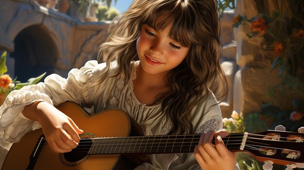 Foto renderizada en 3D de una chica usando una guitarra