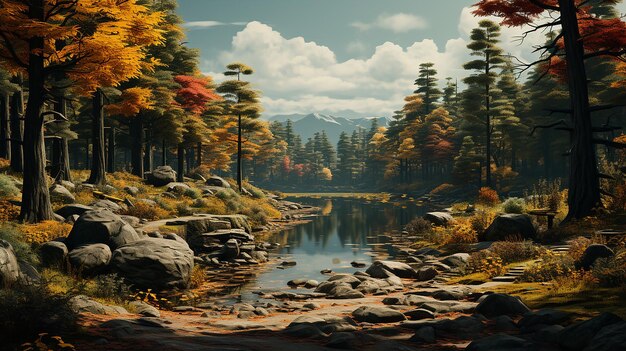 Foto renderizada en 3D de un diseño de paisajes de la temporada de otoño