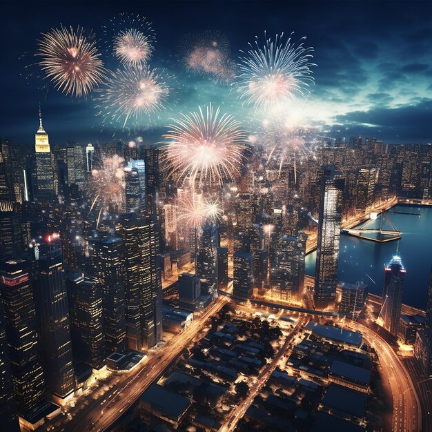 Foto foto renderizada en 3d de fuegos artificiales de año nuevo en la ciudad