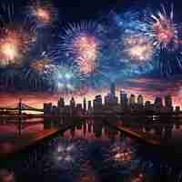 Foto foto renderizada en 3d de fuegos artificiales de año nuevo en la ciudad