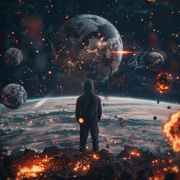 Foto renderizada en 3D de un hombre en el espacio observando la destrucción de la Tierra y Marte