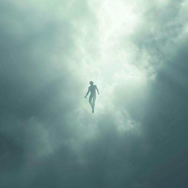 Foto renderizada en 3D de un hombre en traje volando a través de las nubes