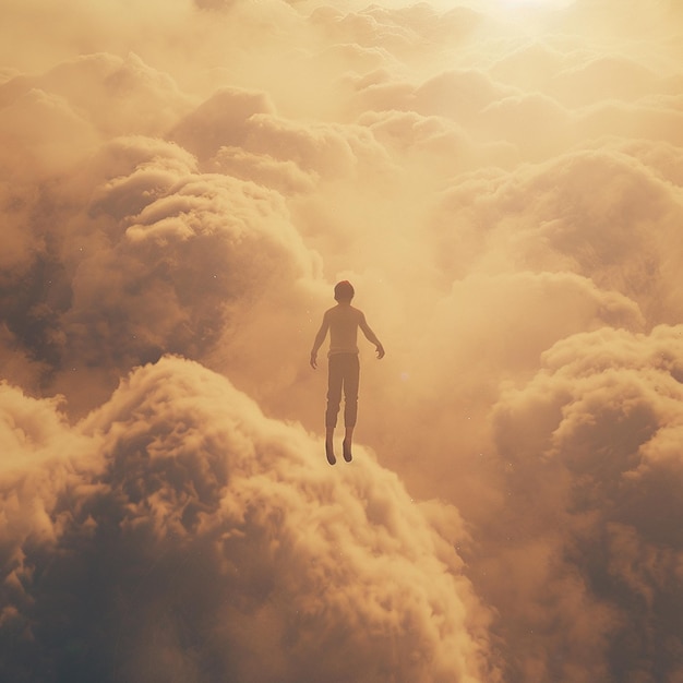 Foto renderizada en 3D de un hombre en traje volando a través de las nubes