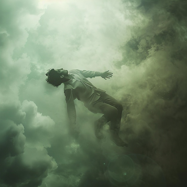 Foto renderizada en 3D de un hombre en traje volando a través de las nubes
