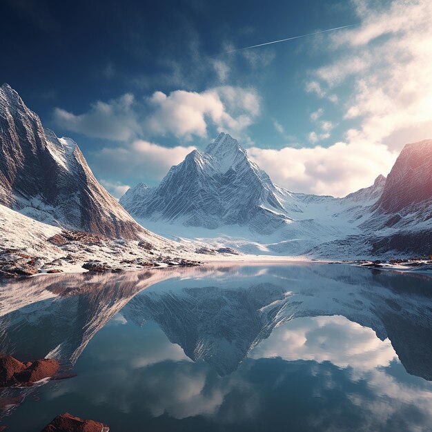 Foto renderizada en 3D de la ilustración de las montañas de fantasía con mucha nieve y un lago