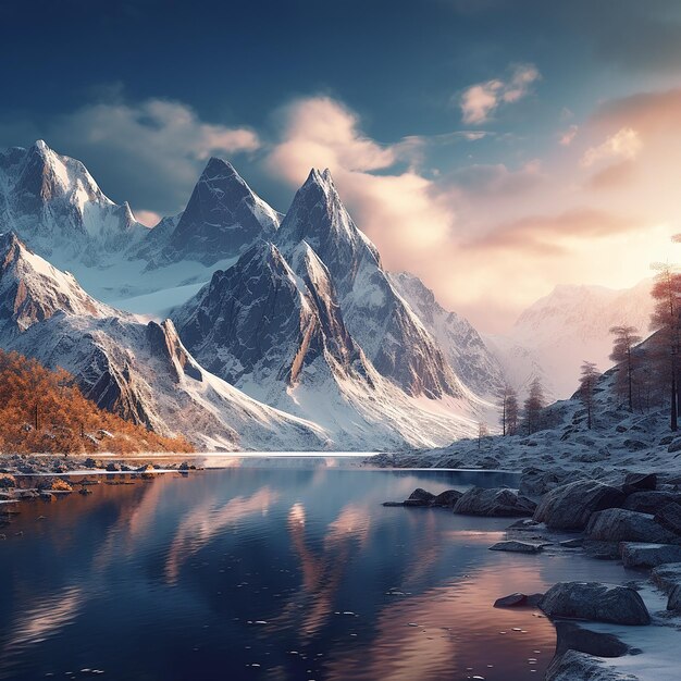 Foto renderizada en 3D de la ilustración de las montañas de fantasía con mucha nieve y un lago