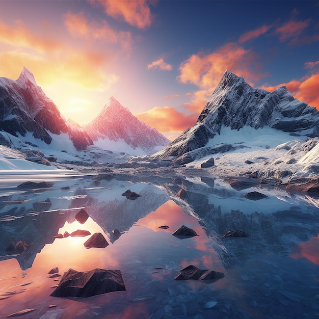 Foto renderizada en 3D de la ilustración de las montañas de fantasía con mucha nieve y un lago