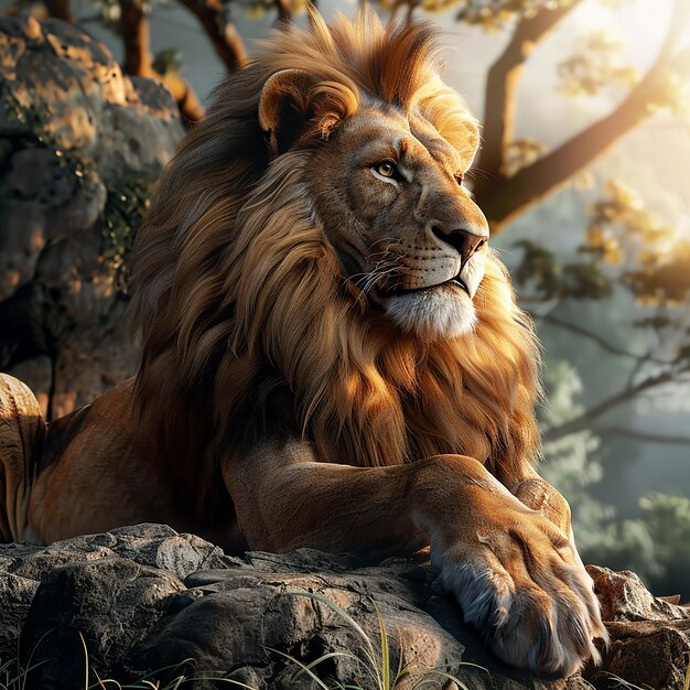 Foto renderizada en 3D de un león con fondo de naturaleza