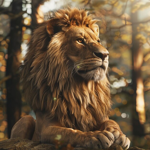 Foto renderizada en 3D de un león con fondo de naturaleza