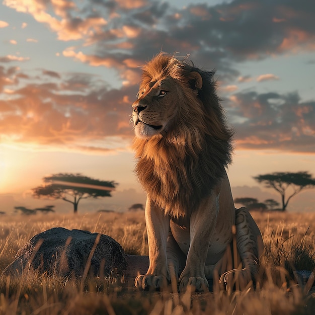 Foto renderizada en 3D de un león con fondo de naturaleza