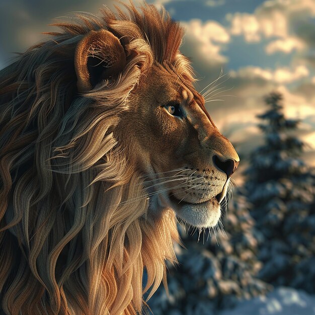 Foto renderizada en 3D de un león con fondo de naturaleza