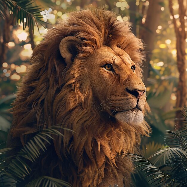 Foto renderizada en 3D de un león con fondo de naturaleza