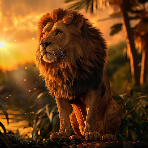 Foto renderizada en 3D de un león con fondo de naturaleza