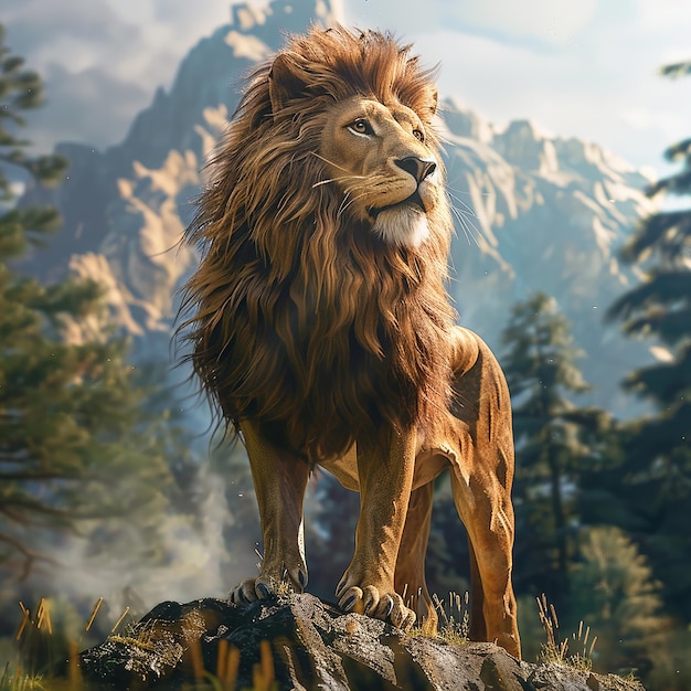 Foto renderizada en 3D de un león con fondo de naturaleza