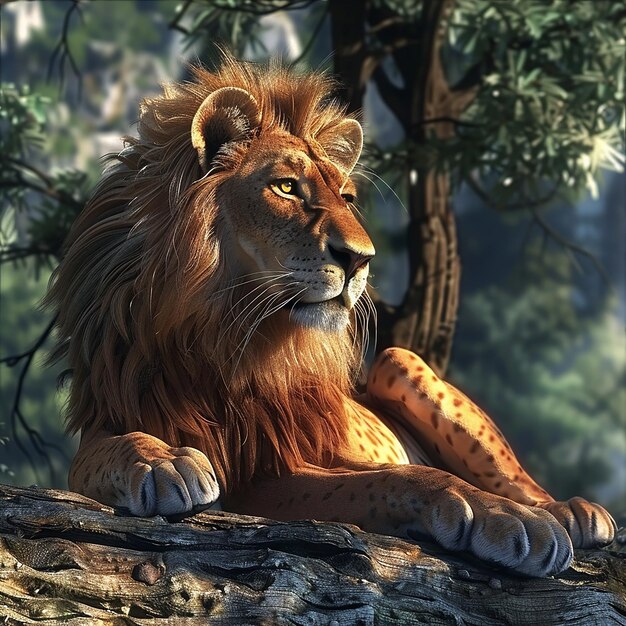 Foto renderizada en 3D de un león con fondo de naturaleza