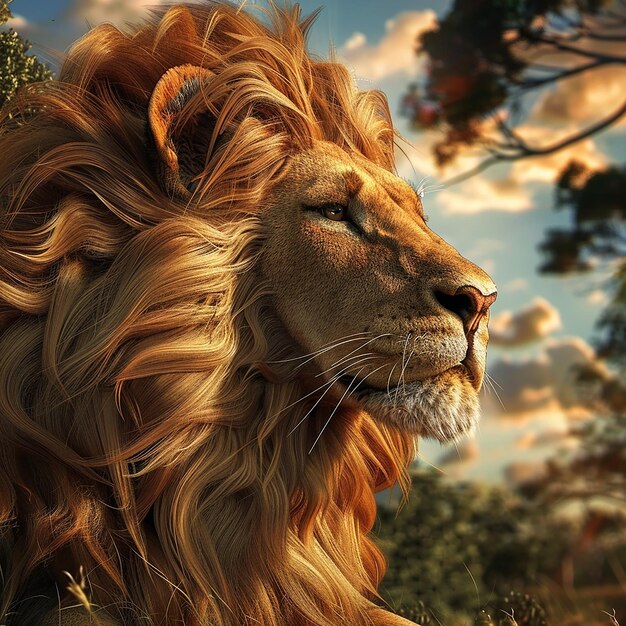 Foto renderizada en 3D de un león con fondo de naturaleza