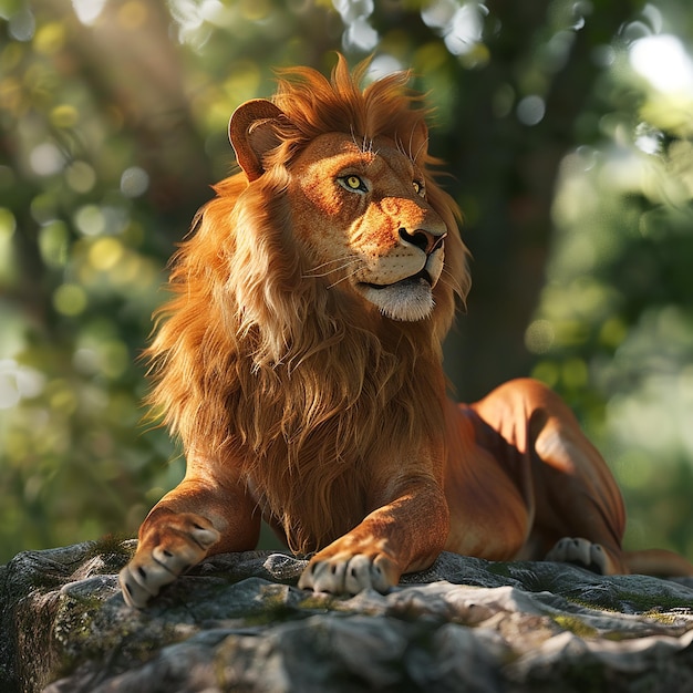 Foto renderizada en 3D de un león con fondo de naturaleza