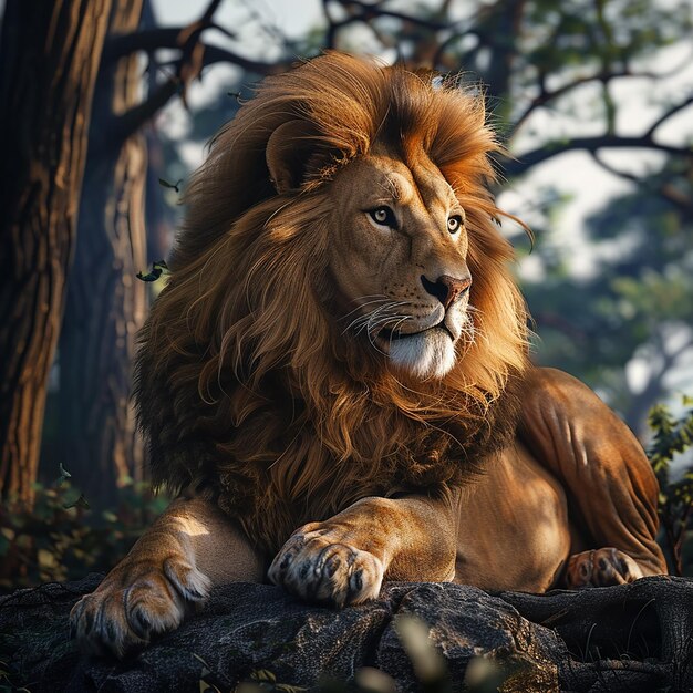Foto renderizada en 3D de un león con fondo de naturaleza