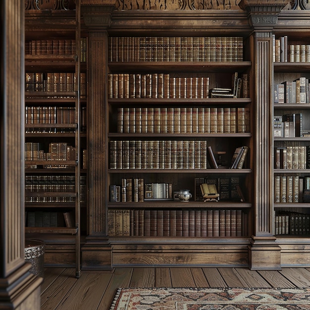 Foto renderizada en 3D de libros antiguos adornan la biblioteca cuidadosamente arreglada con clásicos