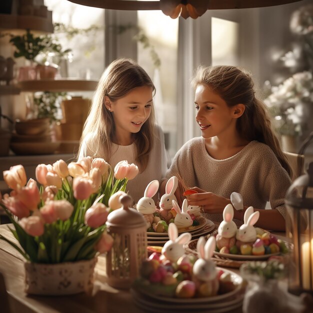 Foto foto renderizada en 3d de madre e hijos en la mesa de pascua foco selectivo vacaciones