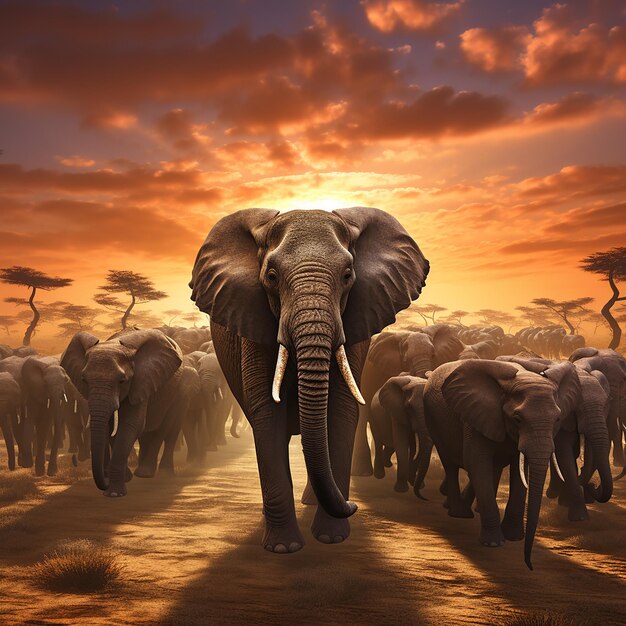 Foto renderizada en 3D de la manada de elefantes contra la puesta de sol