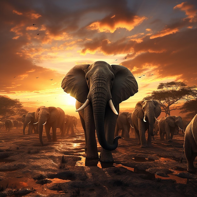 Foto renderizada en 3D de la manada de elefantes contra la puesta de sol