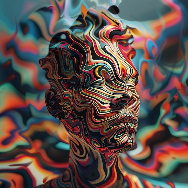 Foto renderizada en 3D de una mujer con cara multicolor y líneas multicolores en su cara