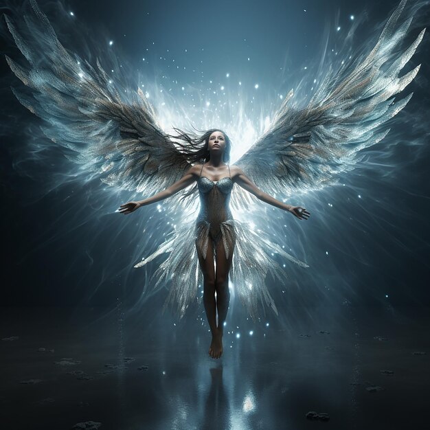 Foto renderizada en 3D de mujer de tiro completo con alas volando