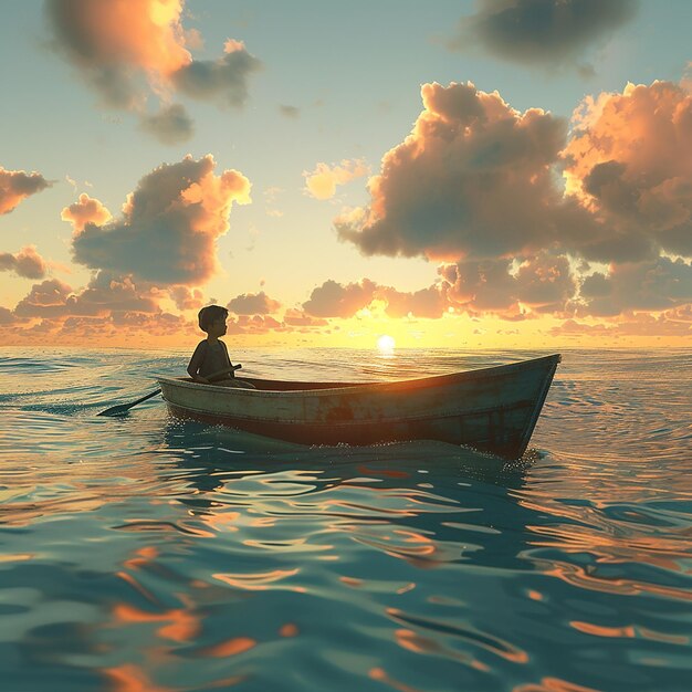 Foto renderizada en 3D de un niño disfrutando de conducir un barco en medio del mar