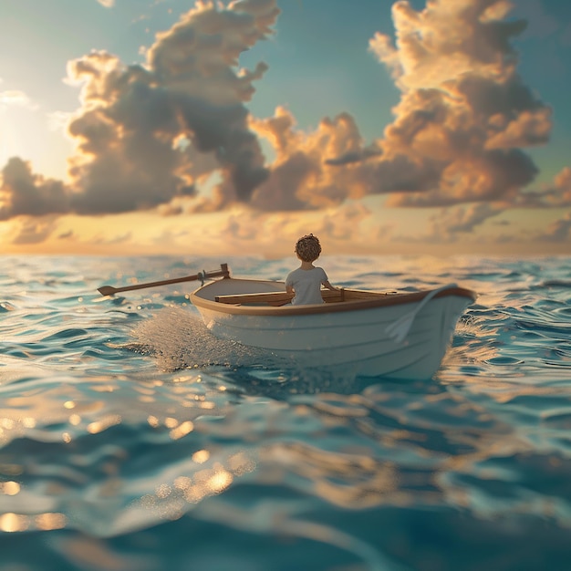 Foto renderizada en 3D de un niño disfrutando de conducir un barco en medio del mar