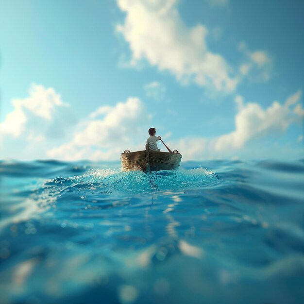 Foto renderizada en 3D de un niño disfrutando de conducir un barco en medio del mar