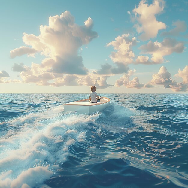 Foto renderizada en 3D de un niño disfrutando de conducir un barco en medio del mar