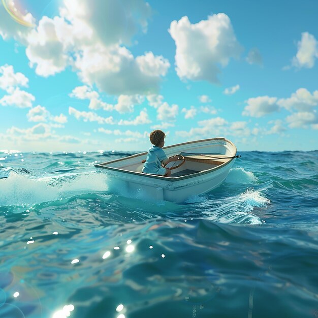 Foto foto renderizada en 3d de un niño disfrutando de conducir un barco en medio del mar