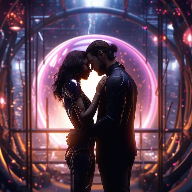 Foto renderizada en 3D de una pareja romántica futurista de tomas medias