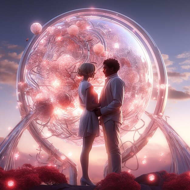 Foto renderizada en 3D de una pareja romántica futurista de tomas medias