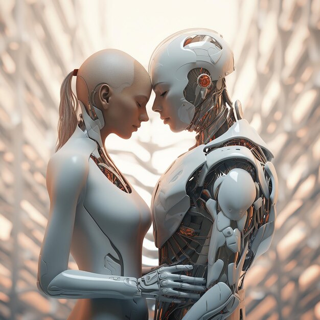 Foto renderizada en 3D de una pareja romántica futurista de tomas medias