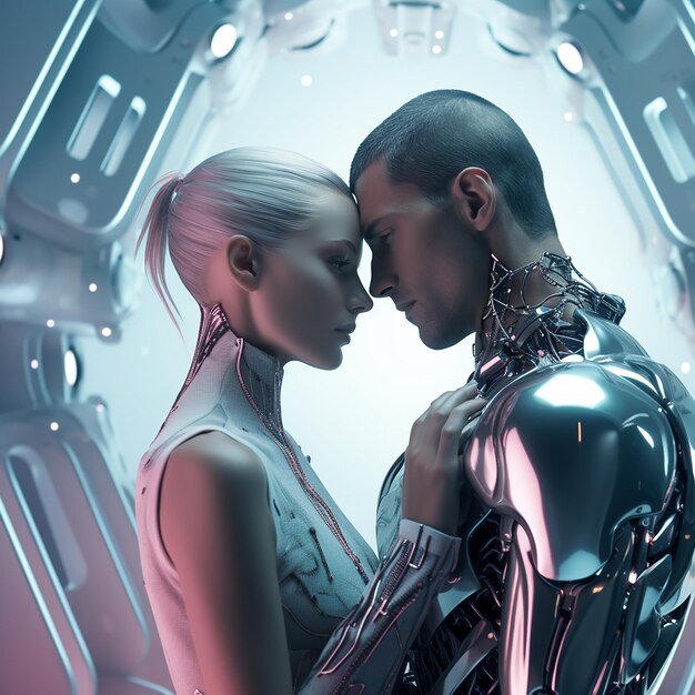 Foto renderizada en 3D de una pareja romántica futurista de tomas medias