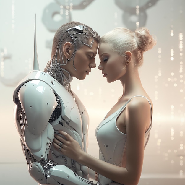 Foto renderizada en 3D de una pareja romántica futurista de tomas medias