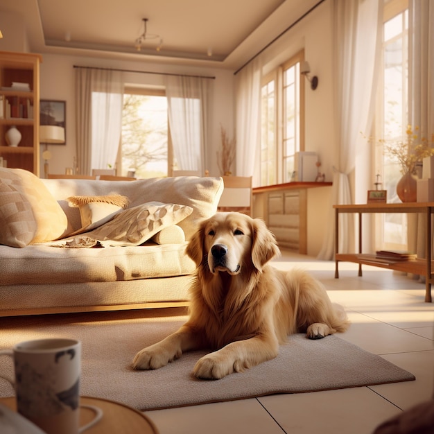 Foto renderizada en 3D del perro Diseño interior acogedor y animado del hogar