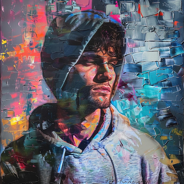 Foto renderizada en 3D de una pintura de un hombre con un fondo múltiple de un hombre en una sudadera con capucha