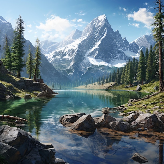 Foto renderizada en 3D de una pintura de un lago de montaña con una montaña