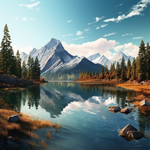 Foto renderizada en 3D de una pintura de un lago de montaña con una montaña