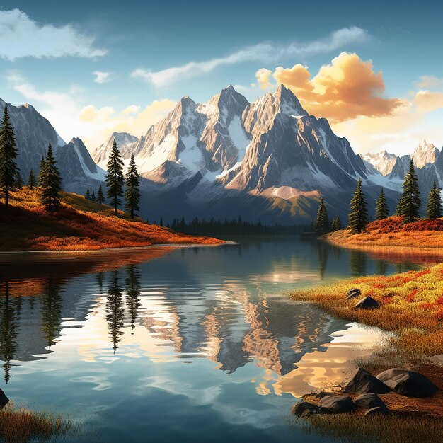 Foto renderizada en 3D de una pintura de un lago de montaña con una montaña