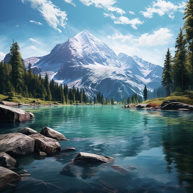 Foto renderizada en 3D de una pintura de un lago de montaña con una montaña